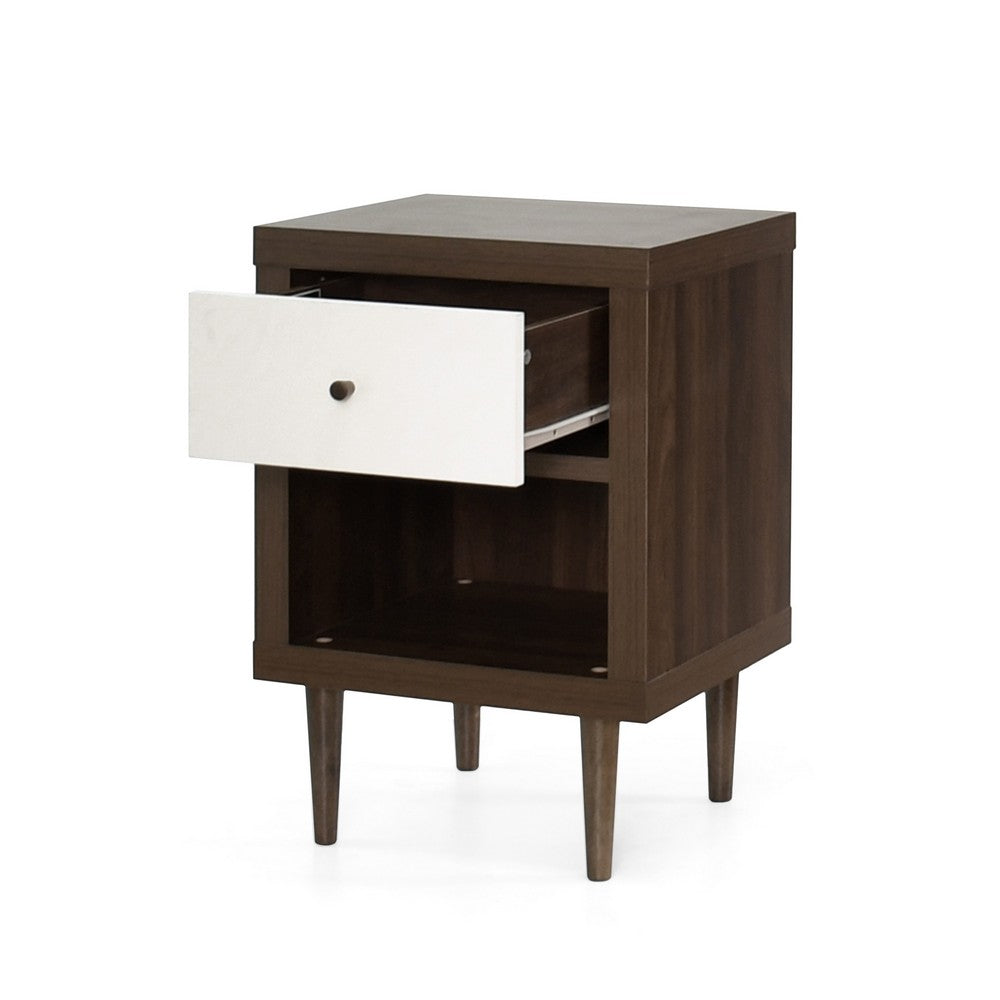 Minie Nightstand with 1 Drawer, Shelf, Modern White and Walnut Brown