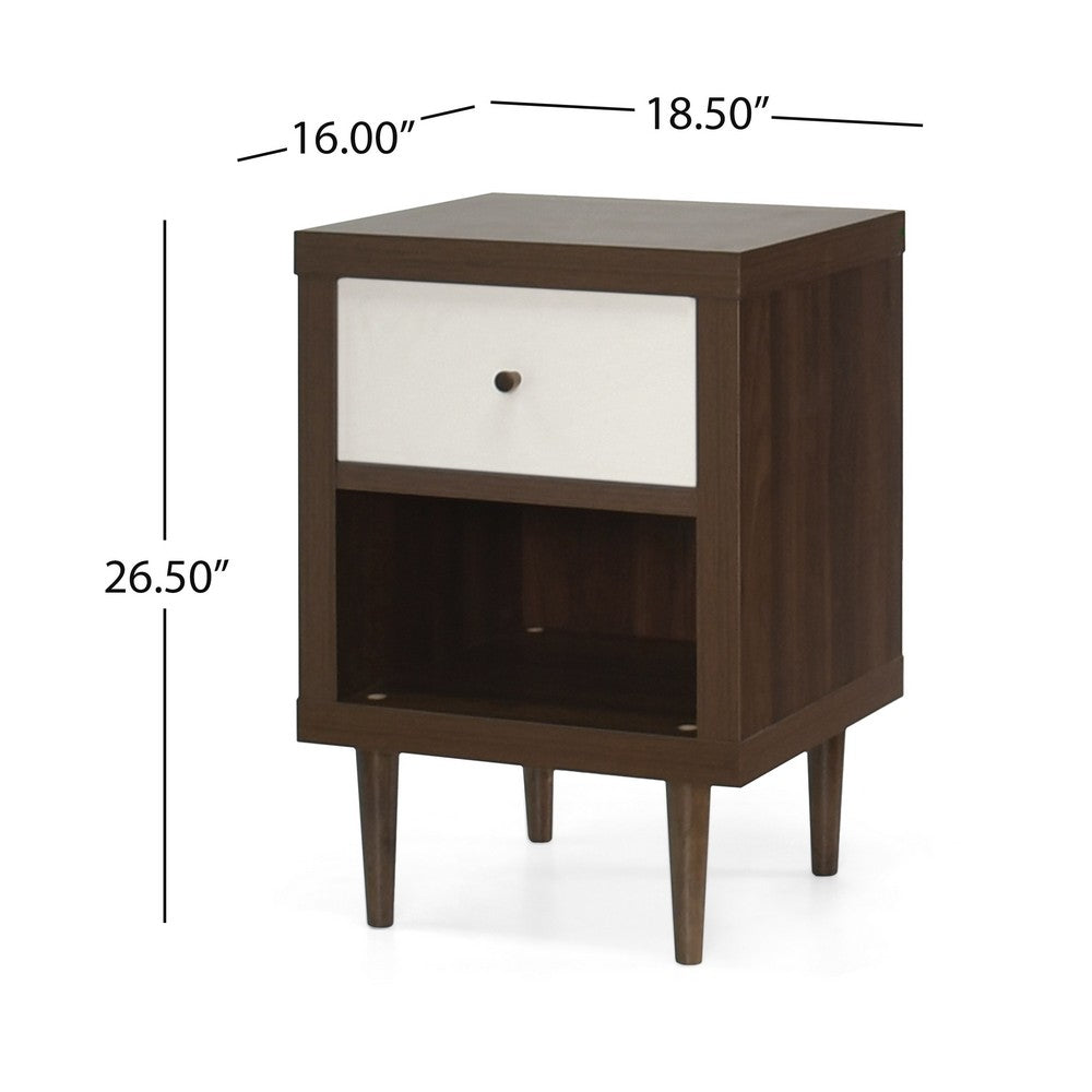 Minie Nightstand with 1 Drawer, Shelf, Modern White and Walnut Brown