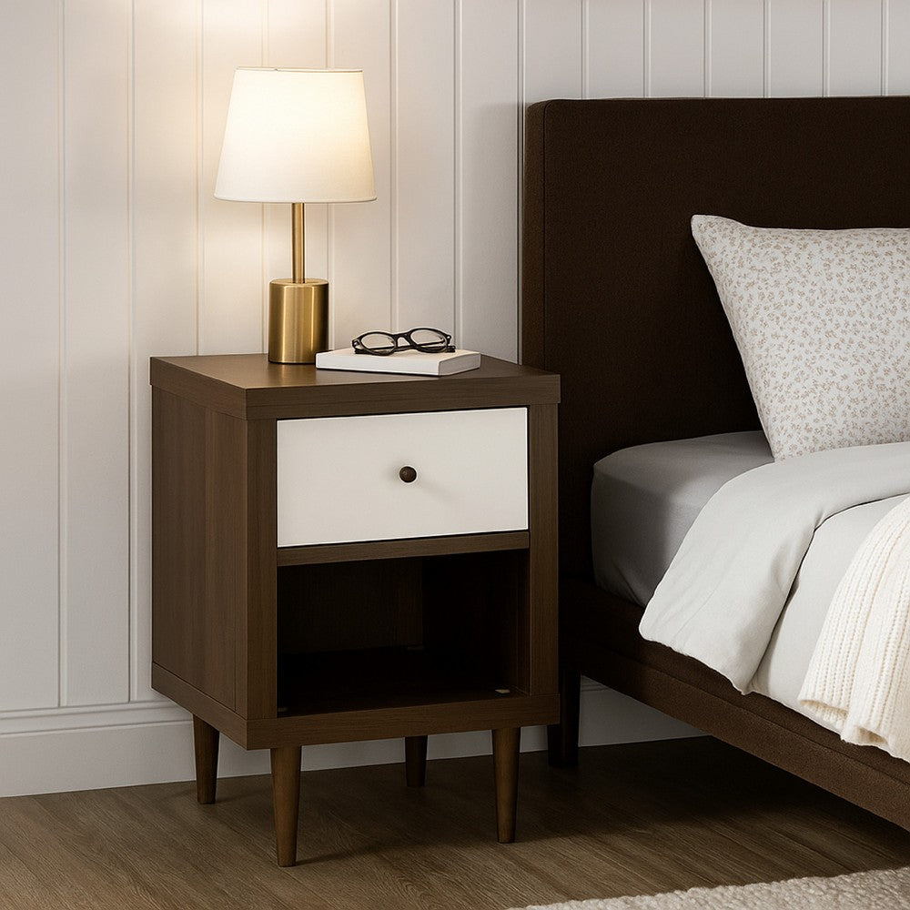 Minie Nightstand with 1 Drawer, Shelf, Modern White and Walnut Brown