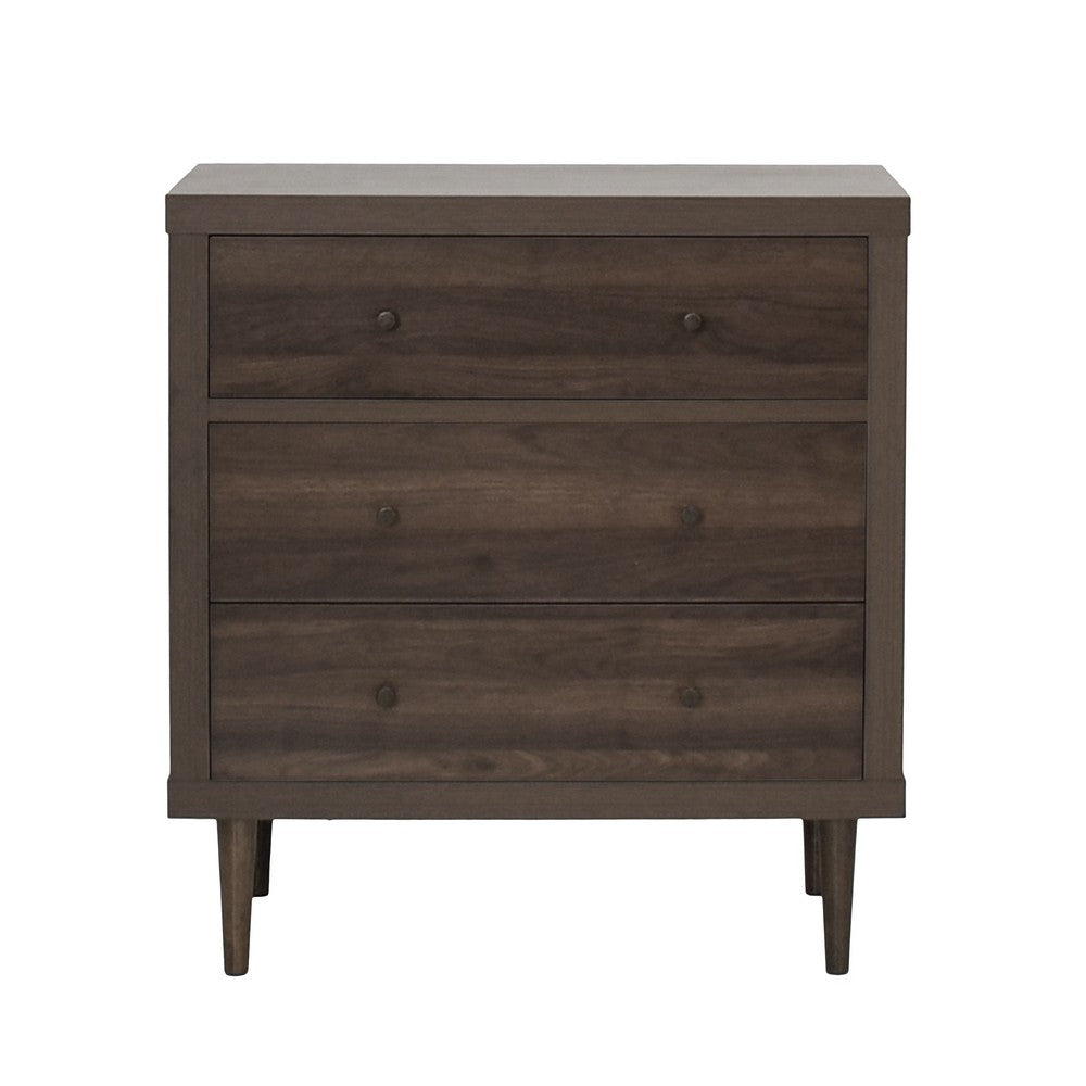Minie Nightstand with 3 Drawers, Rubberwood Legs, Walnut Brown Wood