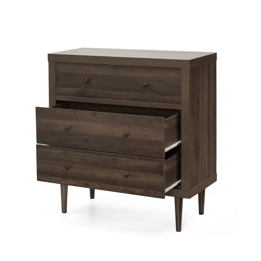 Minie Nightstand with 3 Drawers, Rubberwood Legs, Walnut Brown Wood