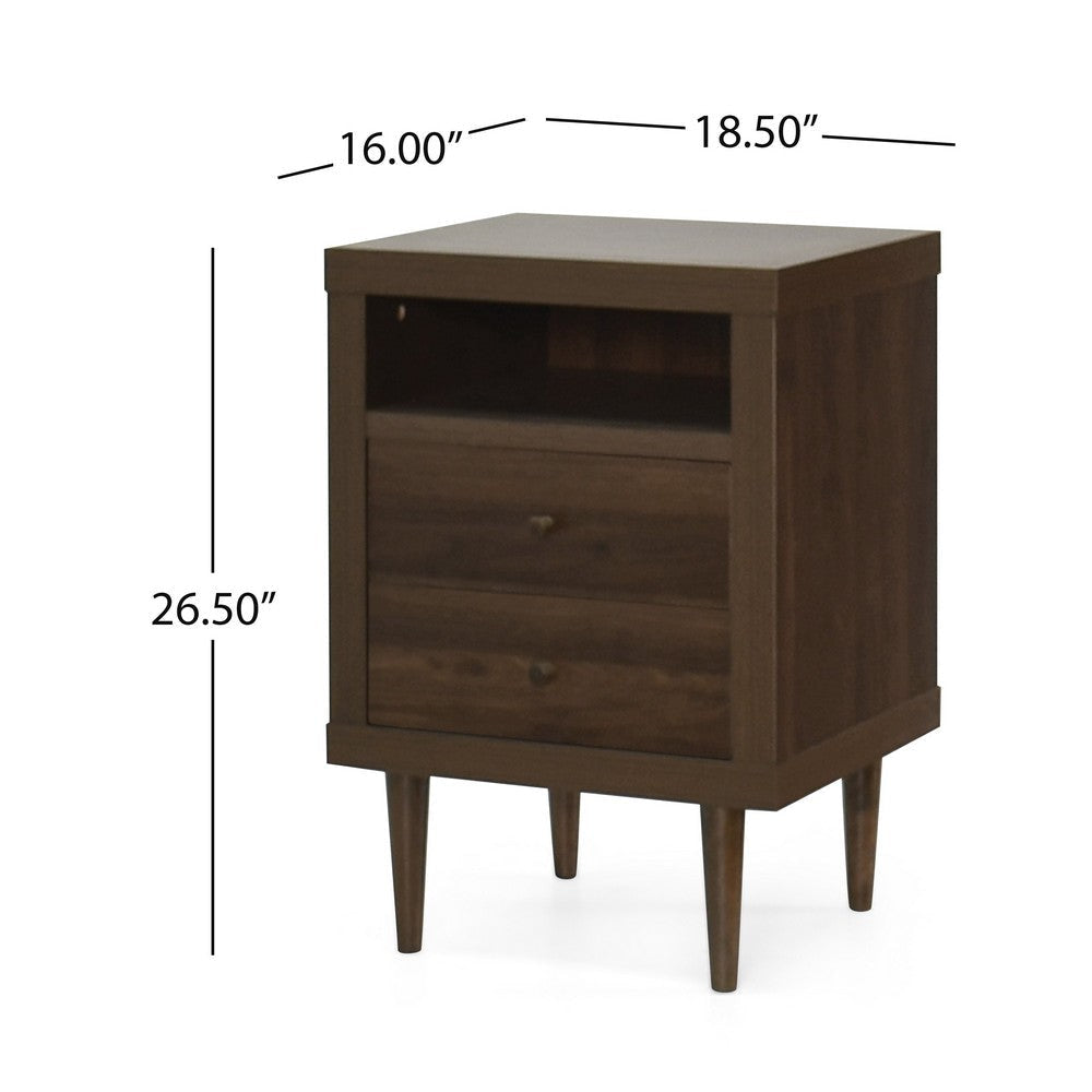 Minie Nightstand with 2 Drawers Shelf Rubberwood Legs Walnut Brown