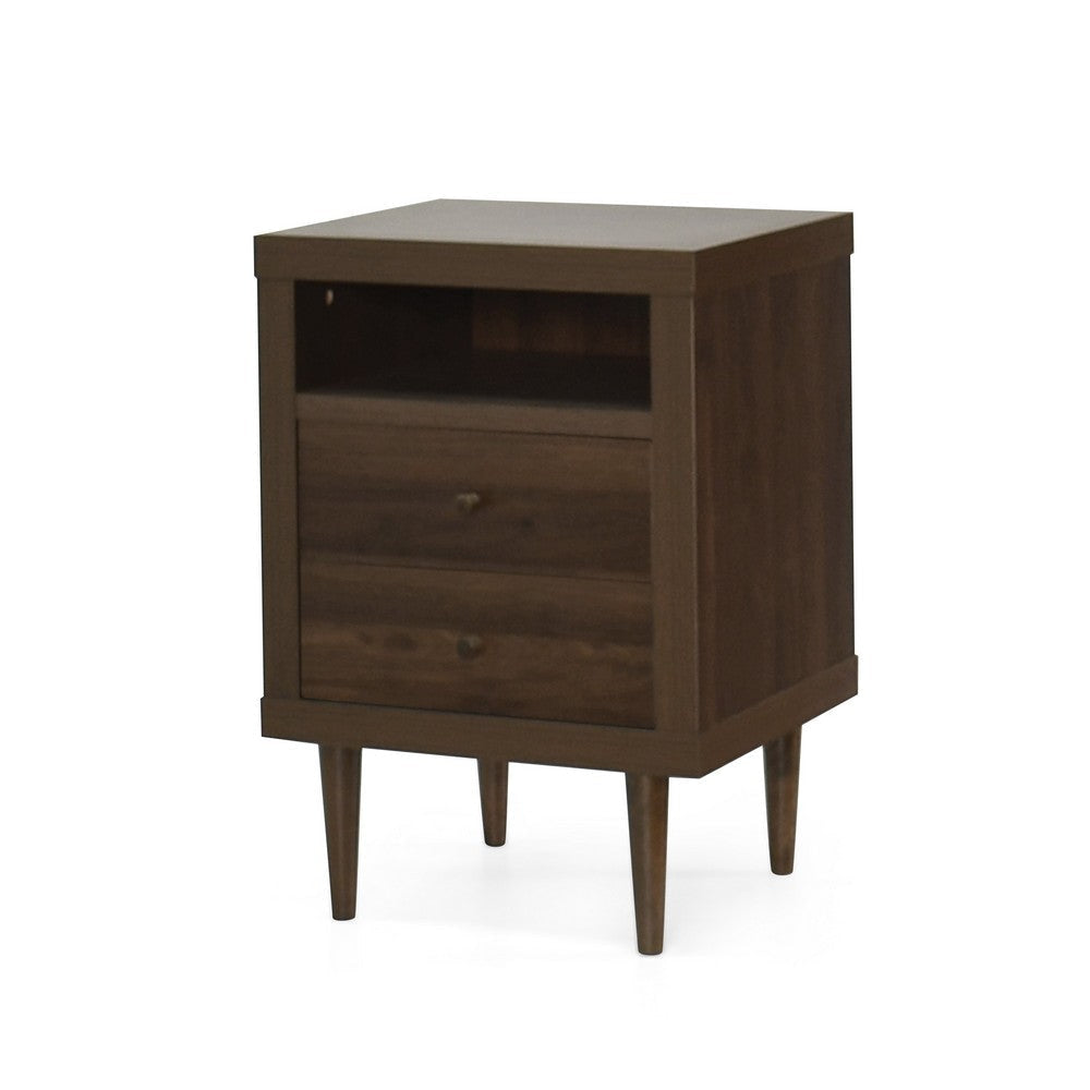 Minie Nightstand with 2 Drawers Shelf Rubberwood Legs Walnut Brown
