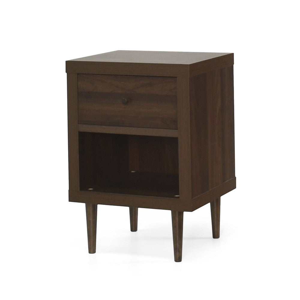 Minie Nightstand with 1 Drawer, Shelf, Rubberwood Legs, Walnut Brown