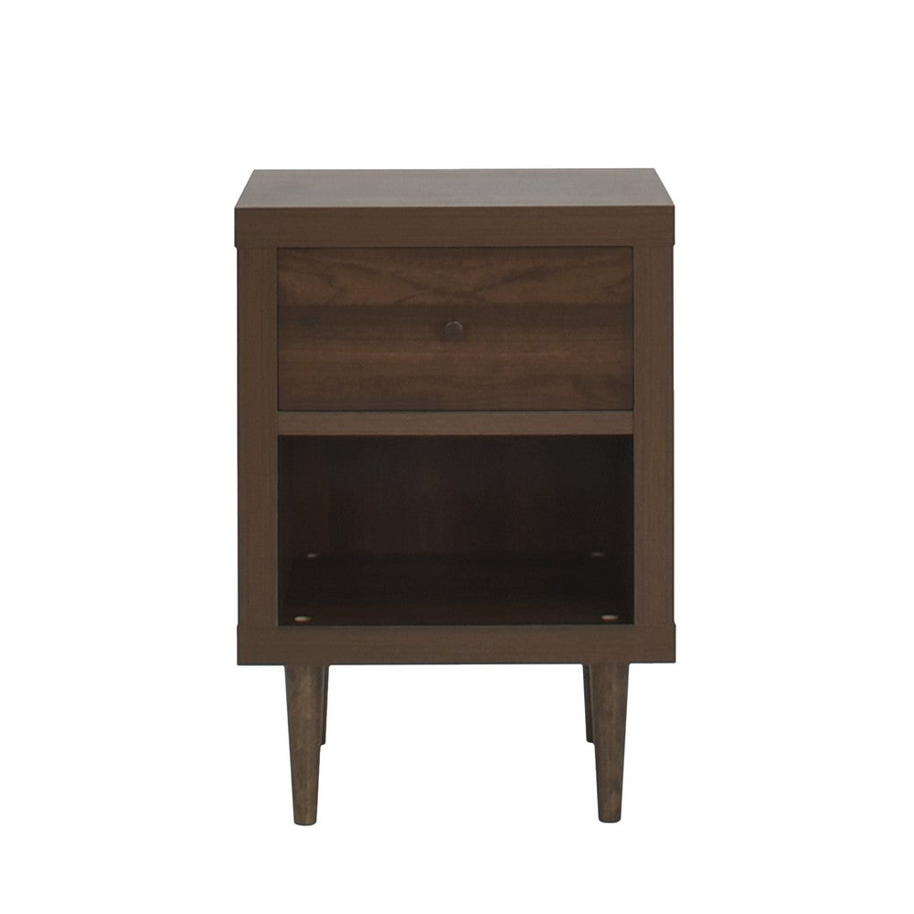 Minie Nightstand with 1 Drawer, Shelf, Rubberwood Legs, Walnut Brown