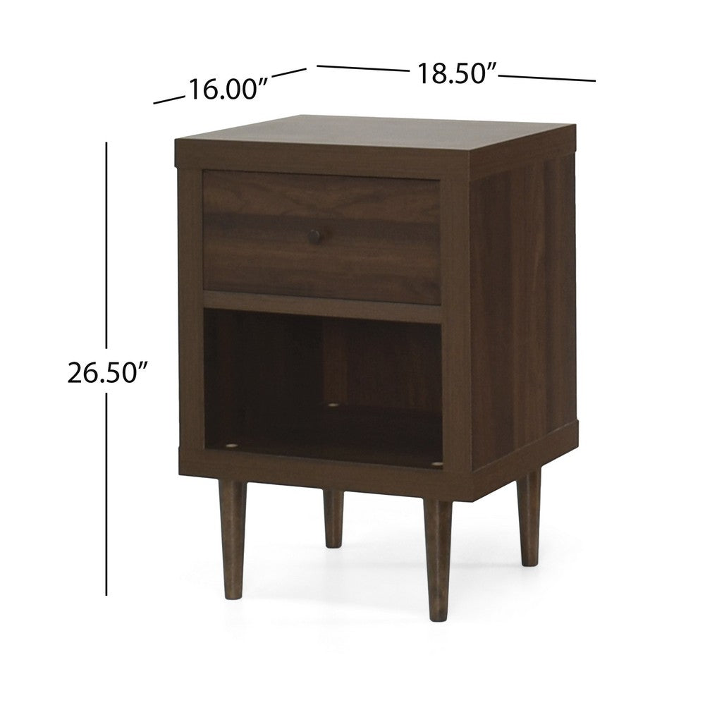 Minie Nightstand with 1 Drawer, Shelf, Rubberwood Legs, Walnut Brown