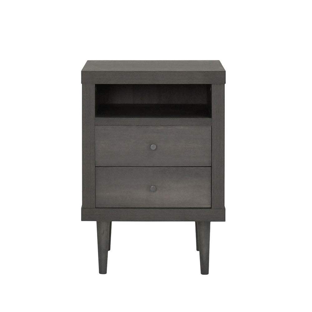 Minie Nightstand with 2 Drawers, Shelf, Rubberwood Legs, Dark Gray