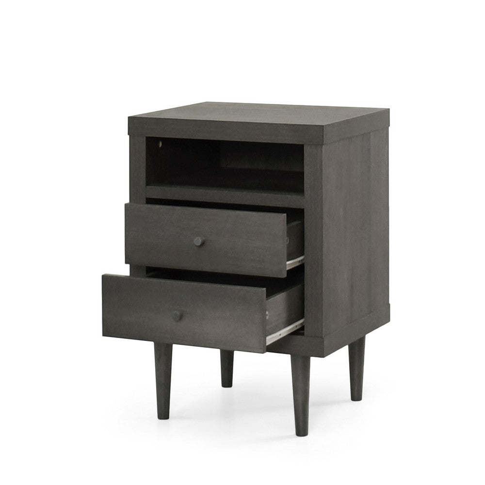 Minie Nightstand with 2 Drawers, Shelf, Rubberwood Legs, Dark Gray