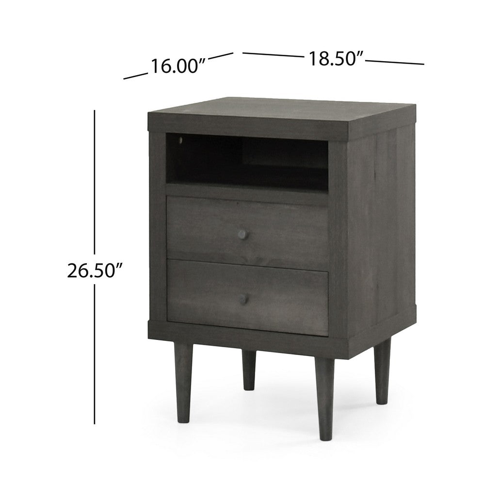Minie Nightstand with 2 Drawers, Shelf, Rubberwood Legs, Dark Gray