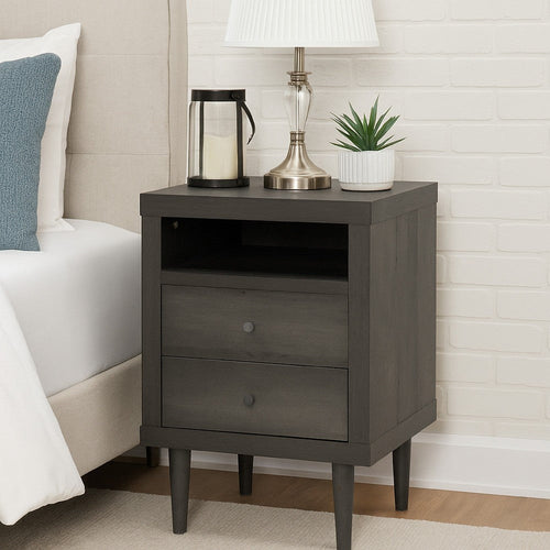Minie Nightstand with 2 Drawers, Shelf, Rubberwood Legs, Dark Gray