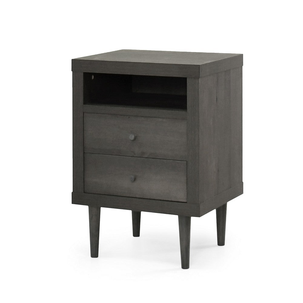 Minie Nightstand with 2 Drawers, Shelf, Rubberwood Legs, Dark Gray