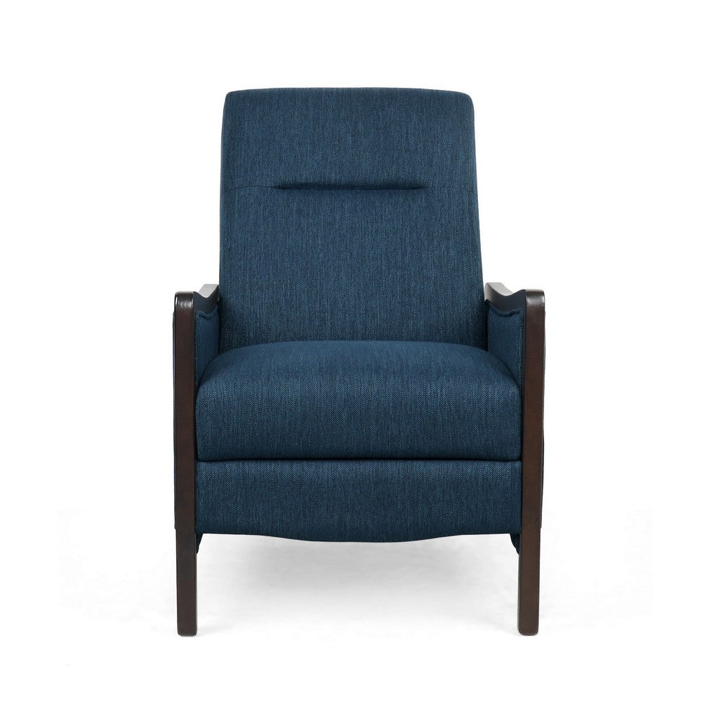 Reina Push Back Recliner Chair, Brown Birch Wood, Navy Blue Fabric