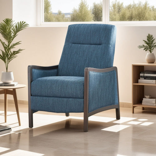 Reina Push Back Recliner Chair, Brown Birch Wood, Navy Blue Fabric