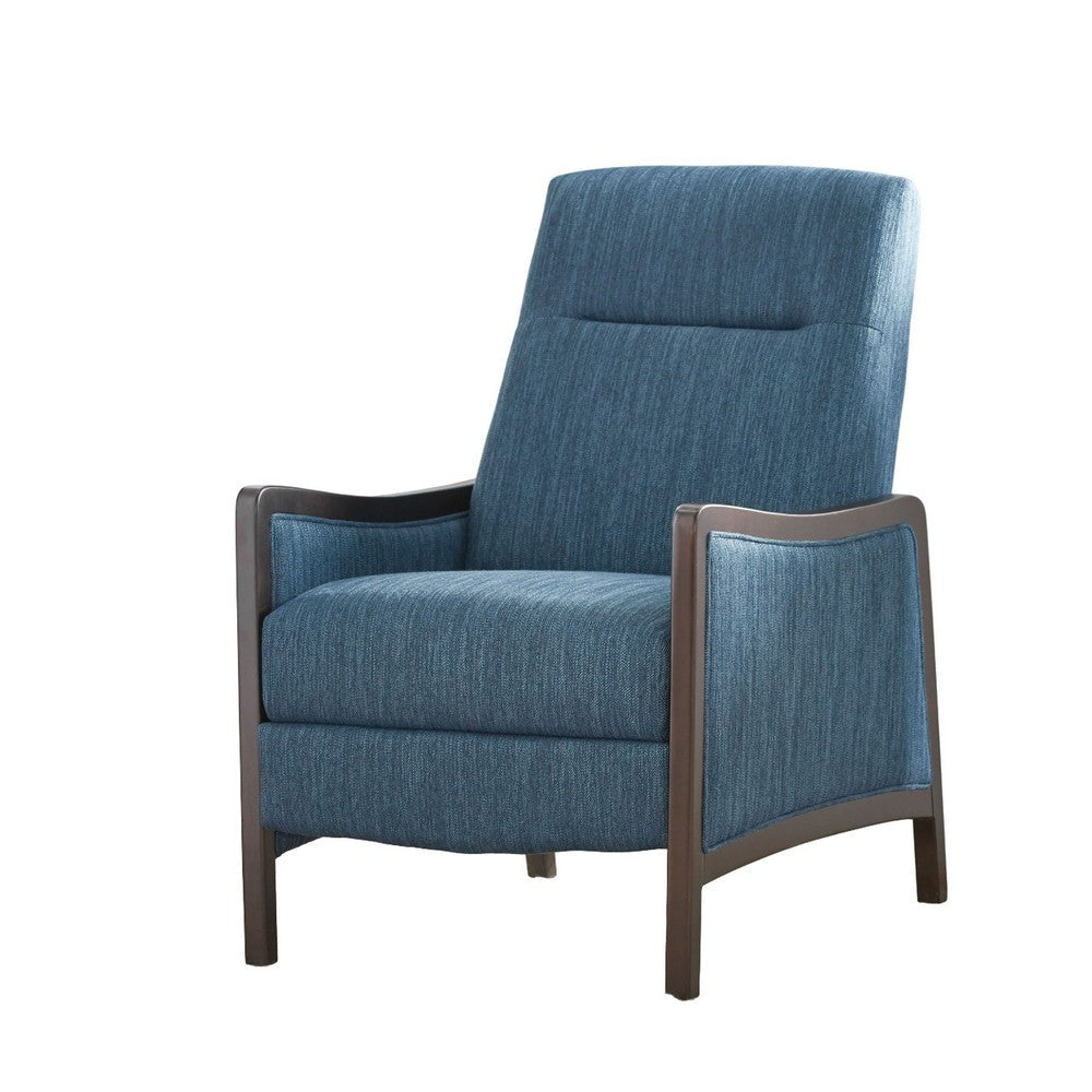 Reina Push Back Recliner Chair, Brown Birch Wood, Navy Blue Fabric