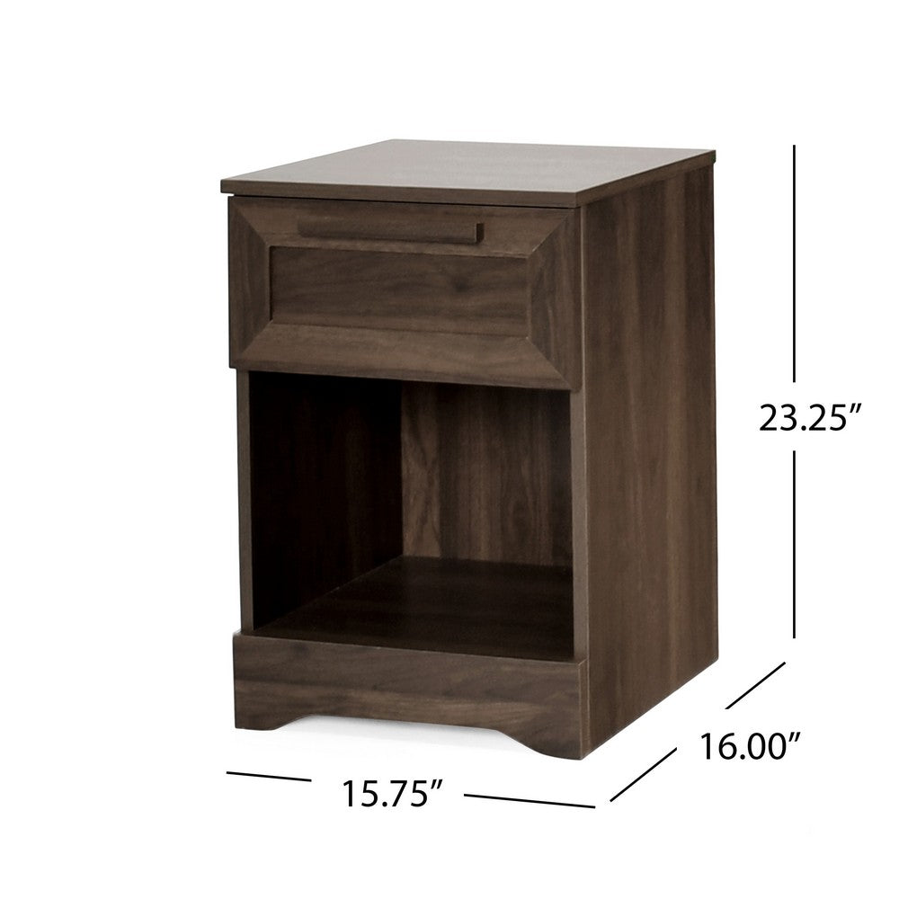 Vinie Nightstand with 1 Drawer and Open Shelf, Modern Walnut Brown
