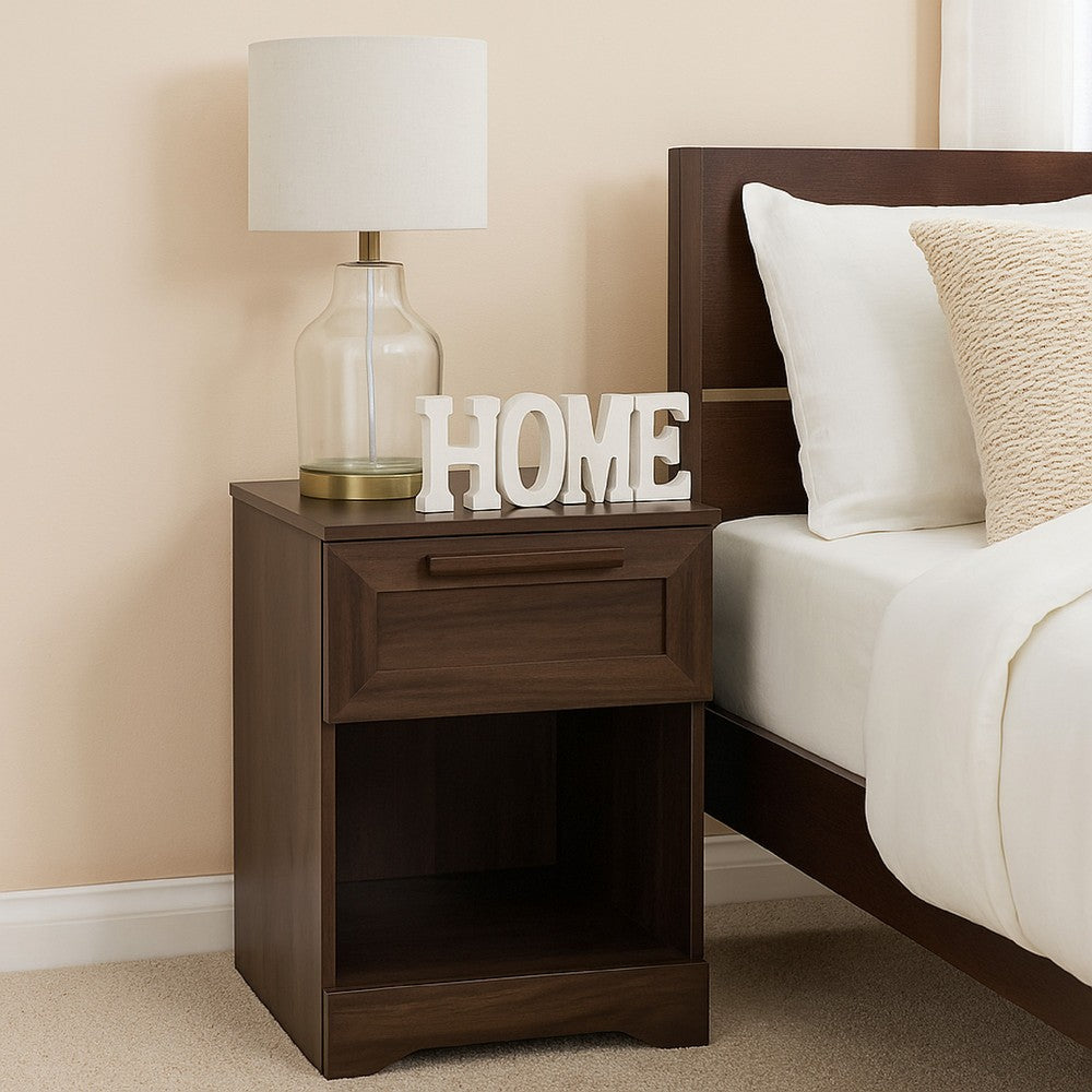 Vinie Nightstand with 1 Drawer and Open Shelf, Modern Walnut Brown