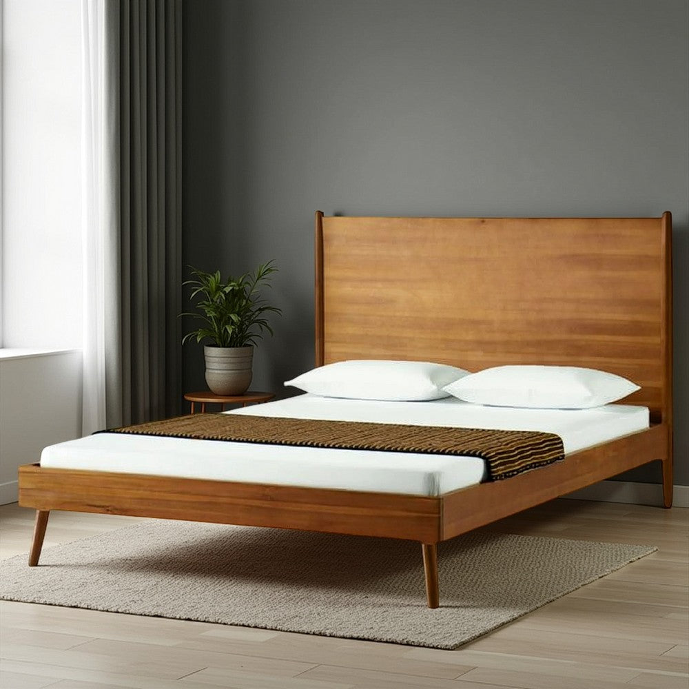 Ozzy King Size Bed with Panel Headboard Design, Rich Brown Acacia Wood