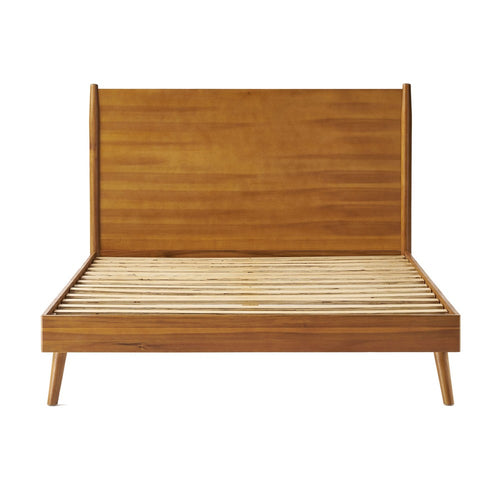 Ozzy California King Bed with Panel Design, Natural Brown Acacia Wood