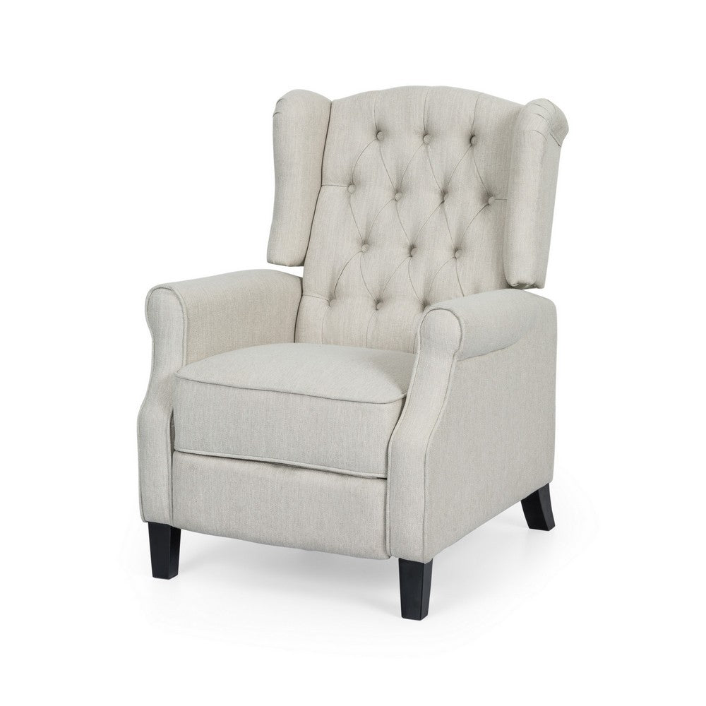 Push Back Recliner, Dark Brown Birch Wood, Beige Button Tufted Fabric
