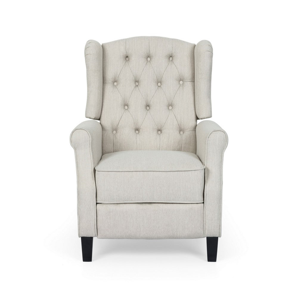 Push Back Recliner, Dark Brown Birch Wood, Beige Button Tufted Fabric