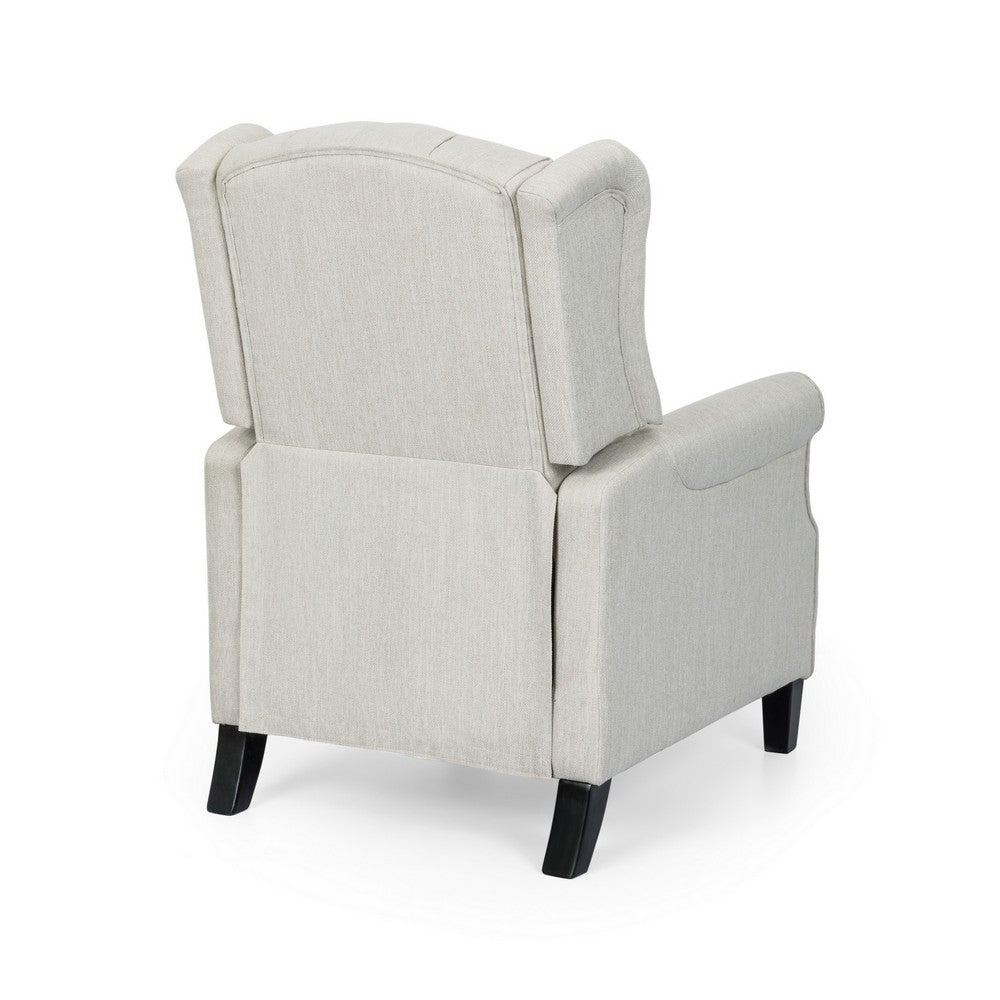 Push Back Recliner, Dark Brown Birch Wood, Beige Button Tufted Fabric