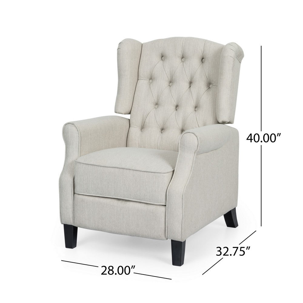 Push Back Recliner, Dark Brown Birch Wood, Beige Button Tufted Fabric