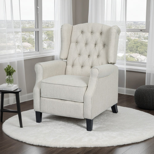 Push Back Recliner, Dark Brown Birch Wood, Beige Button Tufted Fabric