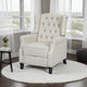 Push Back Recliner, Dark Brown Birch Wood, Beige Button Tufted Fabric