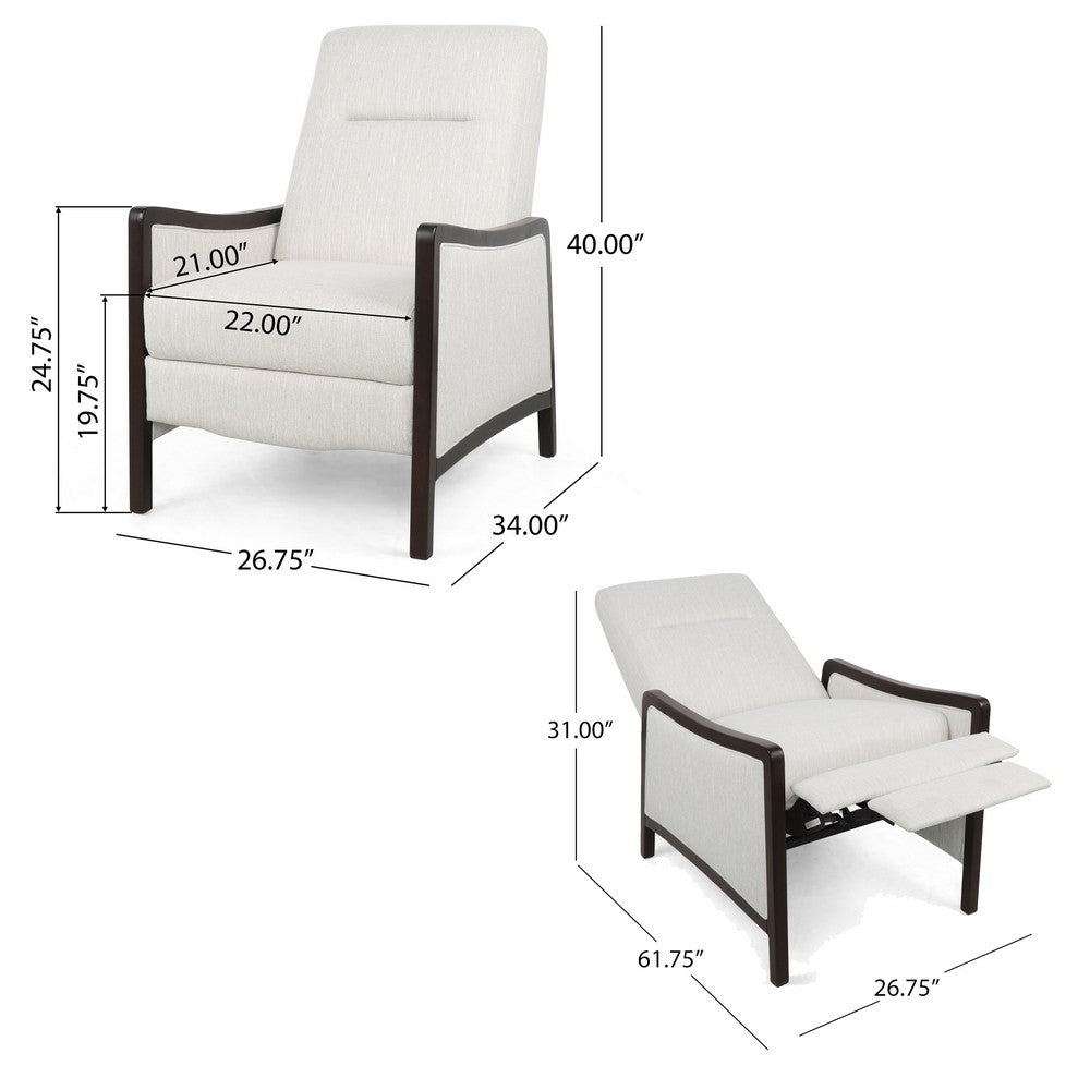 Reina Recliner Chair with Push-Back, Brown Birch Wood, Beige Fabric
