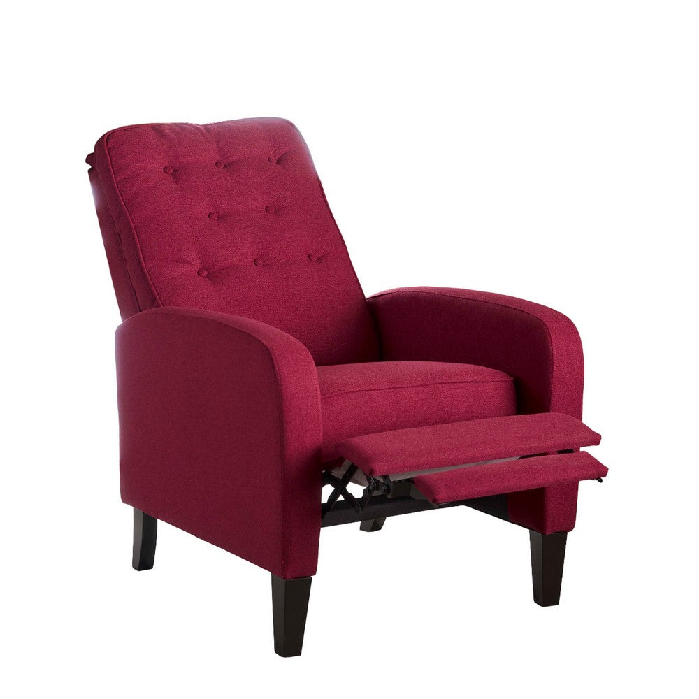 Push Back Recliner Chair, Birch Wood Legs, Red Button Tufted Polyester