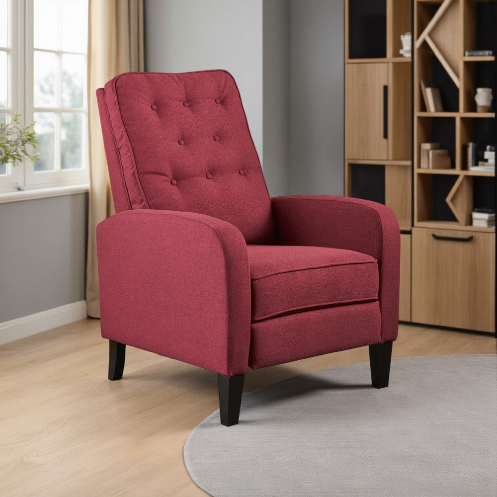Push Back Recliner Chair, Birch Wood Legs, Red Button Tufted Polyester