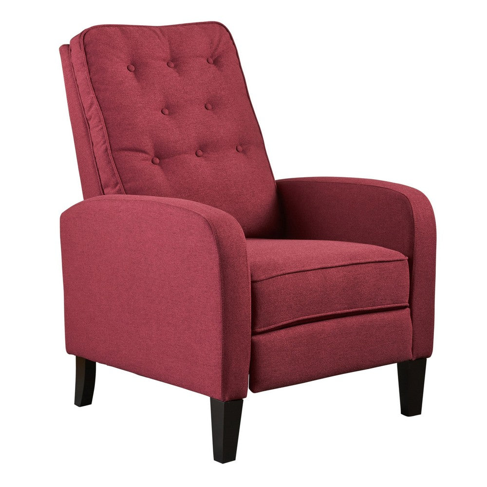 Push Back Recliner Chair, Birch Wood Legs, Red Button Tufted Polyester