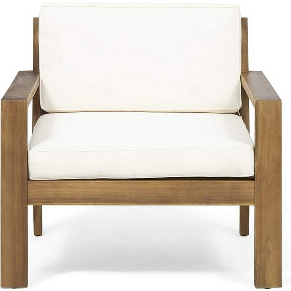 Outdoor Accent Chair, Slat Panel, Wire Brush Acacia Wood, Ivory Fabric