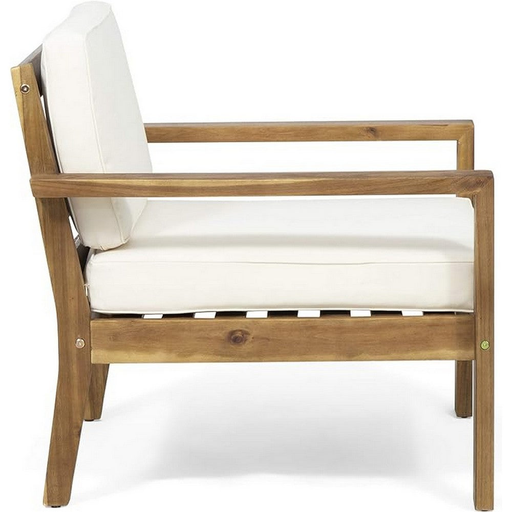 Outdoor Accent Chair, Slat Panel, Wire Brush Acacia Wood, Ivory Fabric