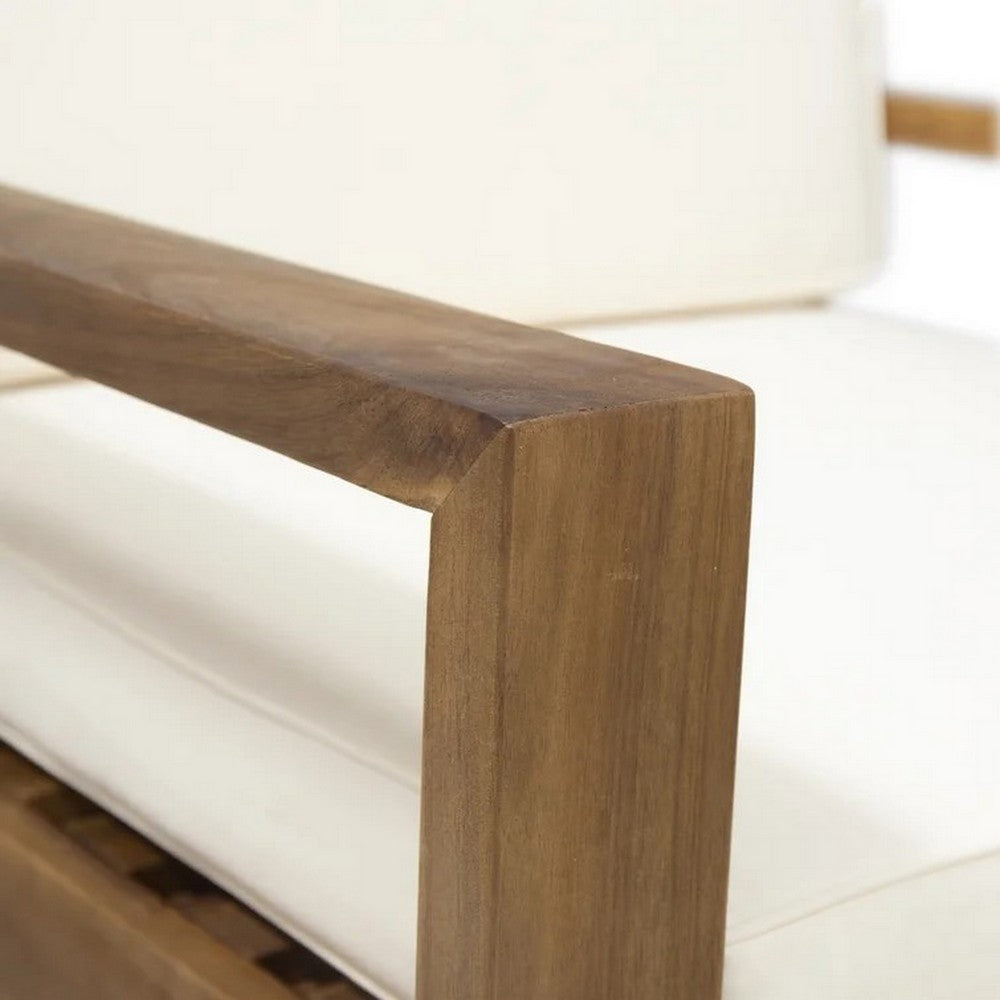 Outdoor Accent Chair, Slat Panel, Wire Brush Acacia Wood, Ivory Fabric