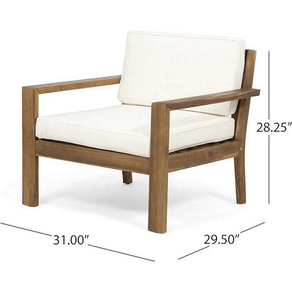 Outdoor Accent Chair, Slat Panel, Wire Brush Acacia Wood, Ivory Fabric