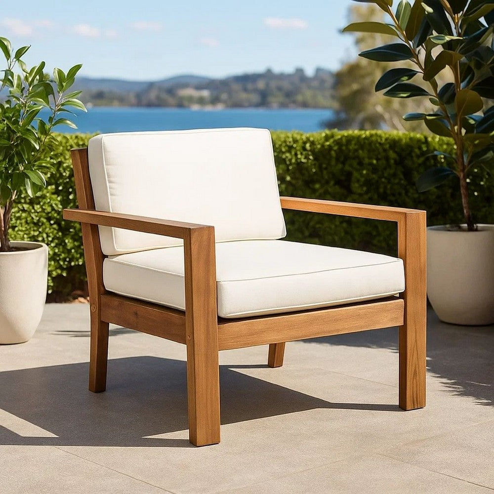 Outdoor Accent Chair, Slat Panel, Wire Brush Acacia Wood, Ivory Fabric