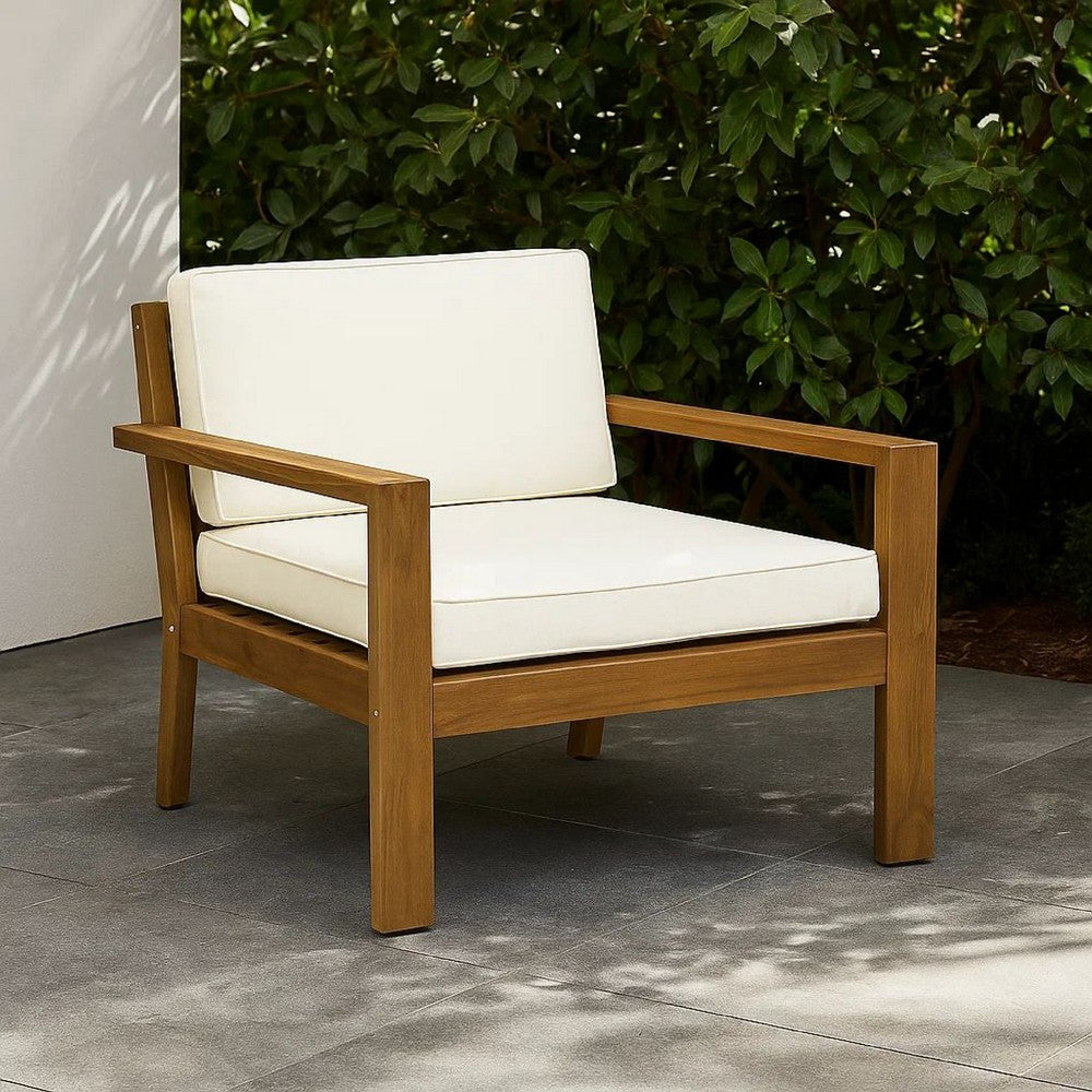 Outdoor Accent Chair, Slat Panel, Wire Brush Acacia Wood, Ivory Fabric