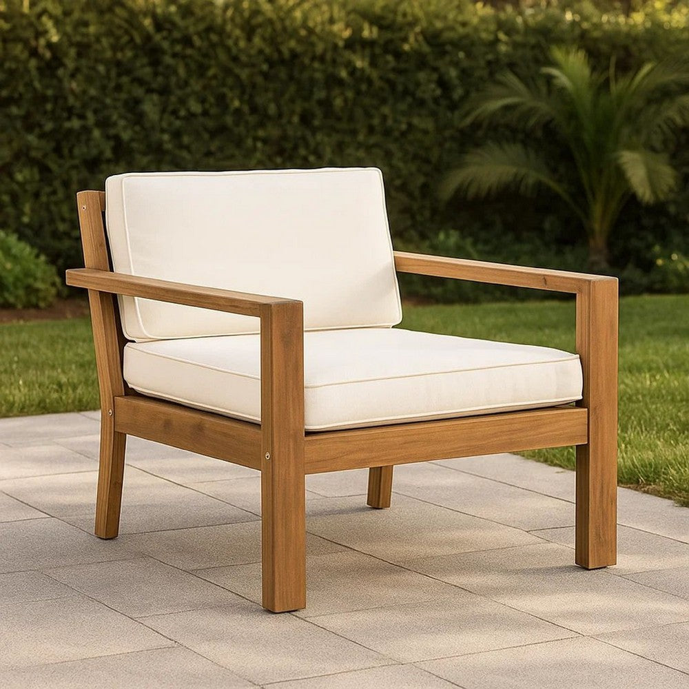 Outdoor Accent Chair, Slat Panel, Wire Brush Acacia Wood, Ivory Fabric