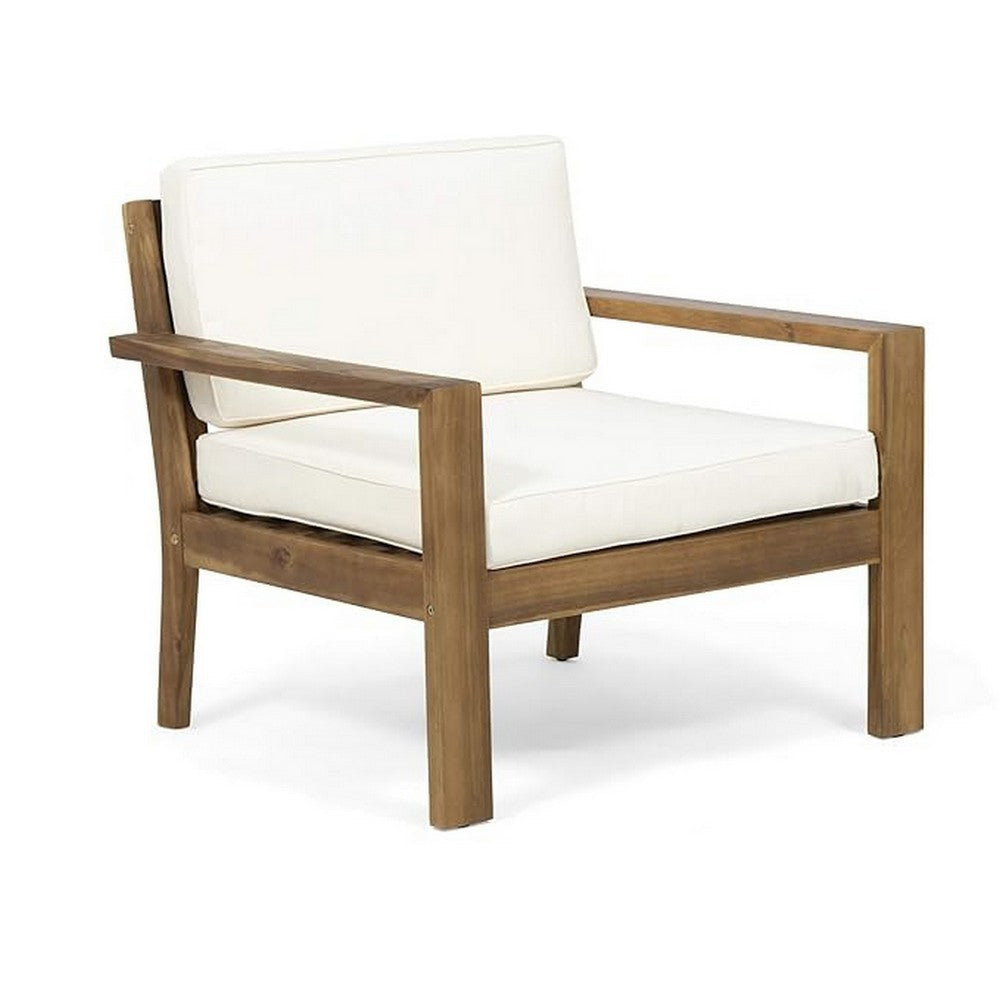 Outdoor Accent Chair, Slat Panel, Wire Brush Acacia Wood, Ivory Fabric