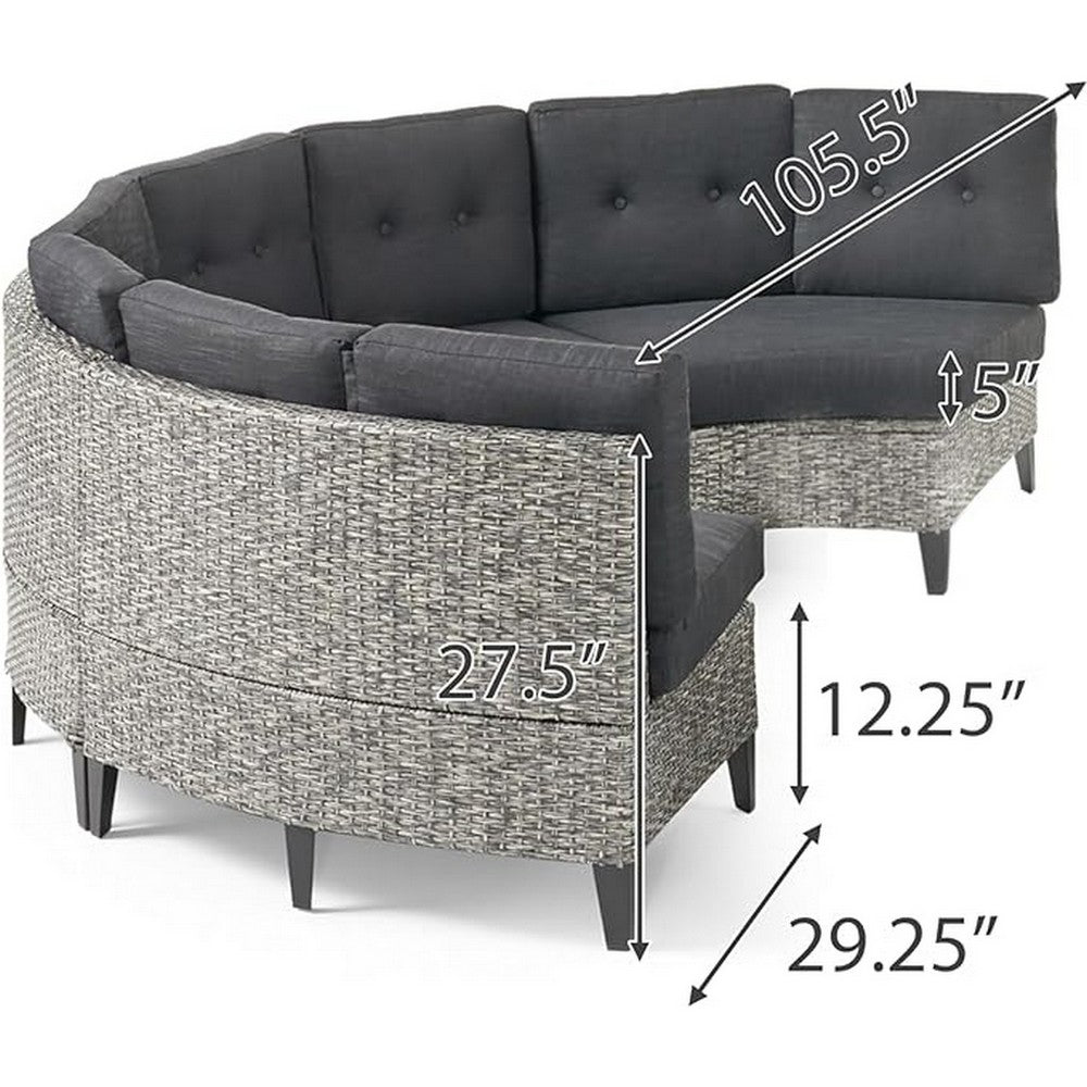 Rune Outdoor Curved 4 Seater Sofa, PE Rattan Weave, Iron, Gray Fabric