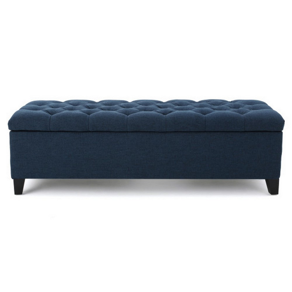 Elias Storage Bench, 51 Inch Button Tufted Blue Velvet, Solid Wood