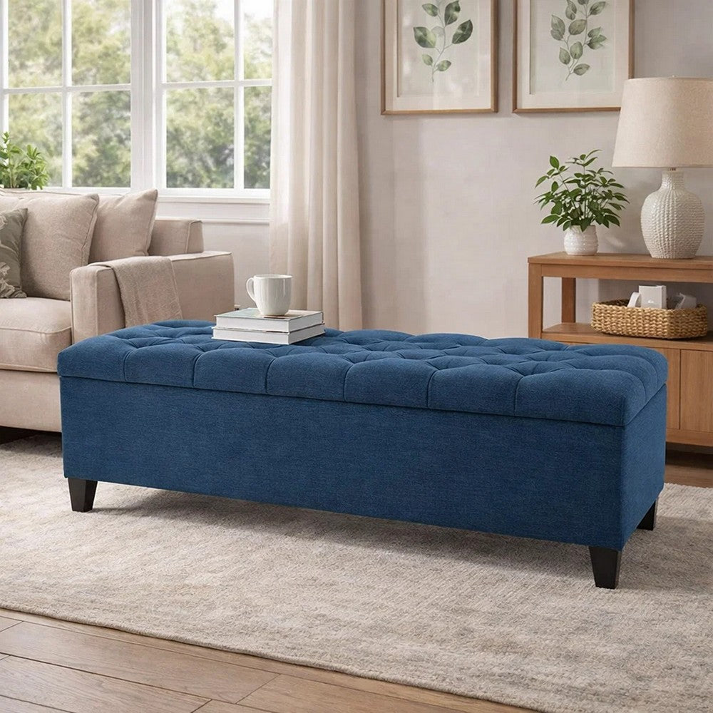 Elias Storage Bench, 51 Inch Button Tufted Blue Velvet, Solid Wood