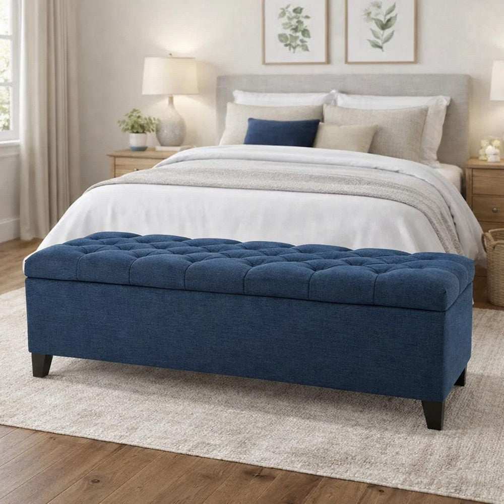 Elias Storage Bench, 51 Inch Button Tufted Blue Velvet, Solid Wood