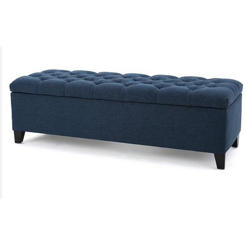 Elias Storage Bench, 51 Inch Button Tufted Blue Velvet, Solid Wood