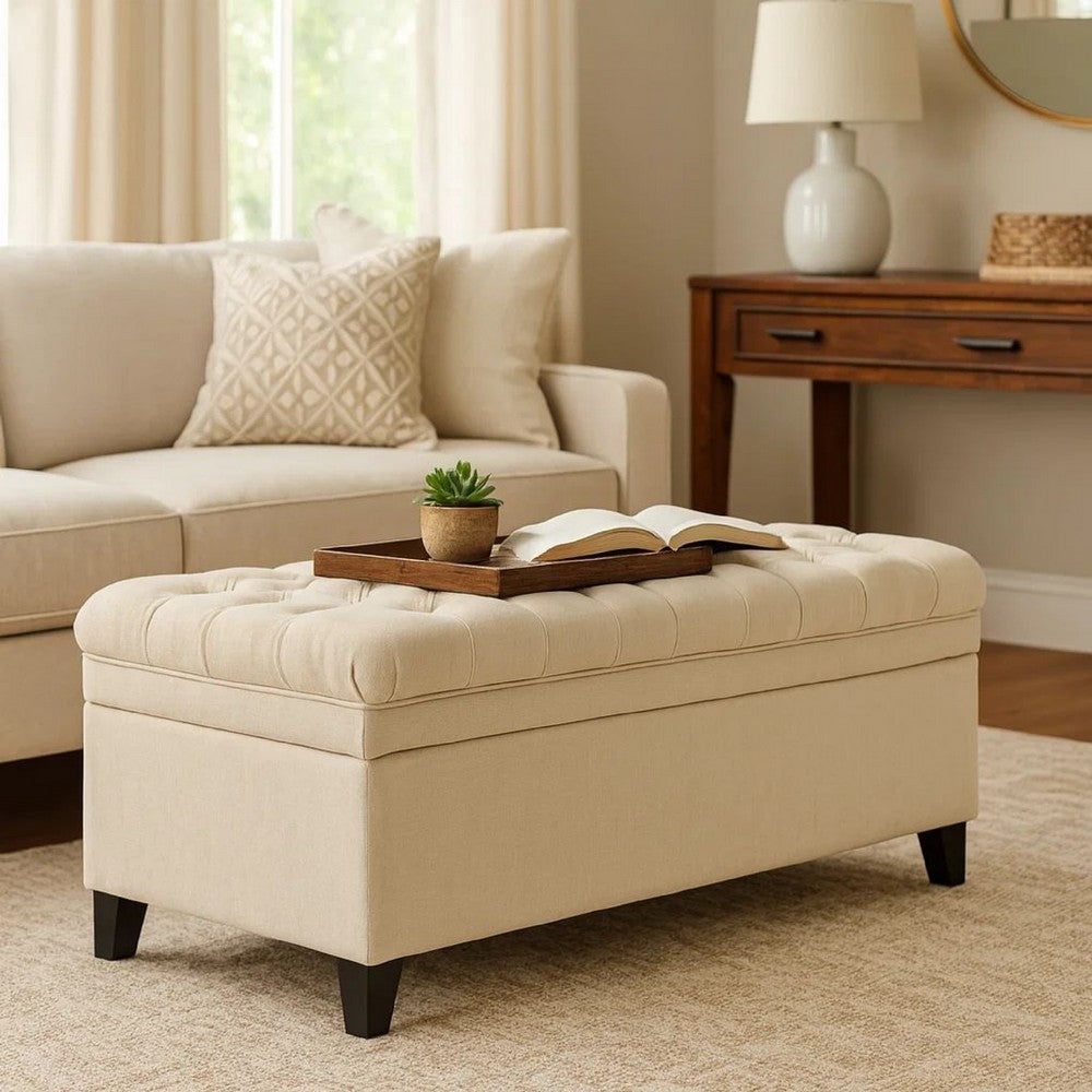 Rhya Storage Bench, 50 Inch Button Tufted Plush Seat, Soft Beige