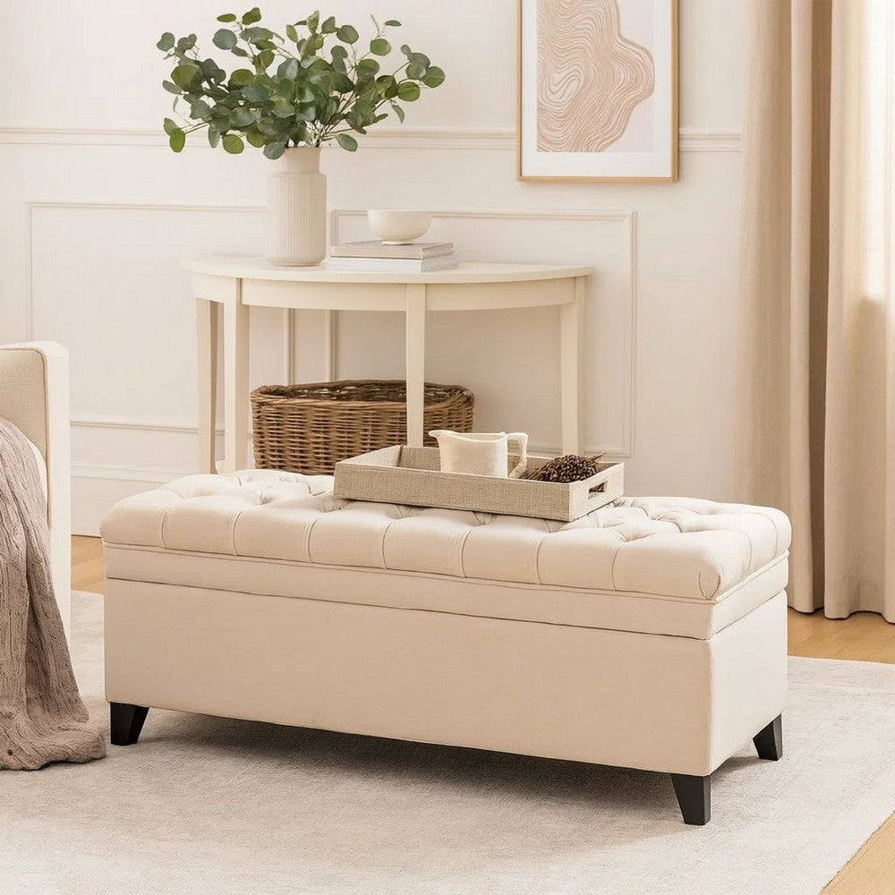 Rhya Storage Bench, 50 Inch Button Tufted Plush Seat, Soft Beige