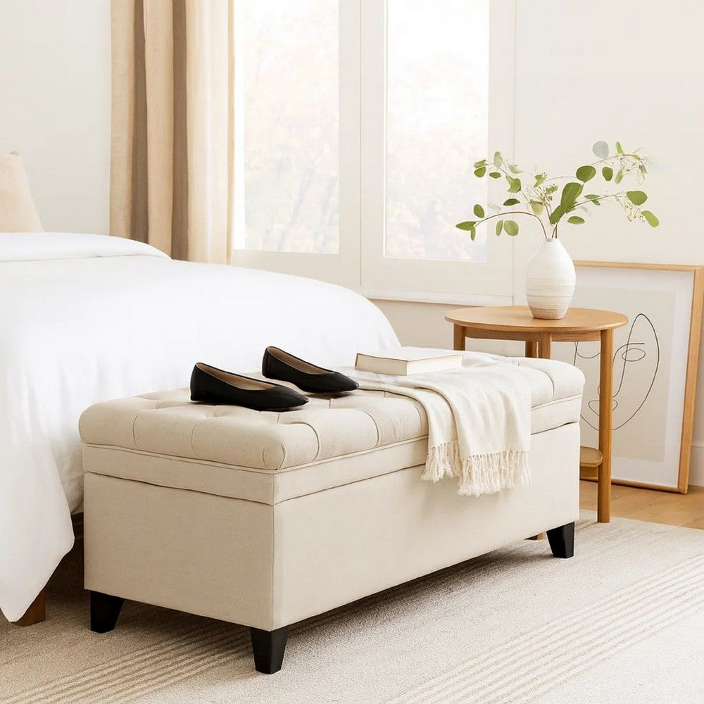 Rhya Storage Bench, 50 Inch Button Tufted Plush Seat, Soft Beige