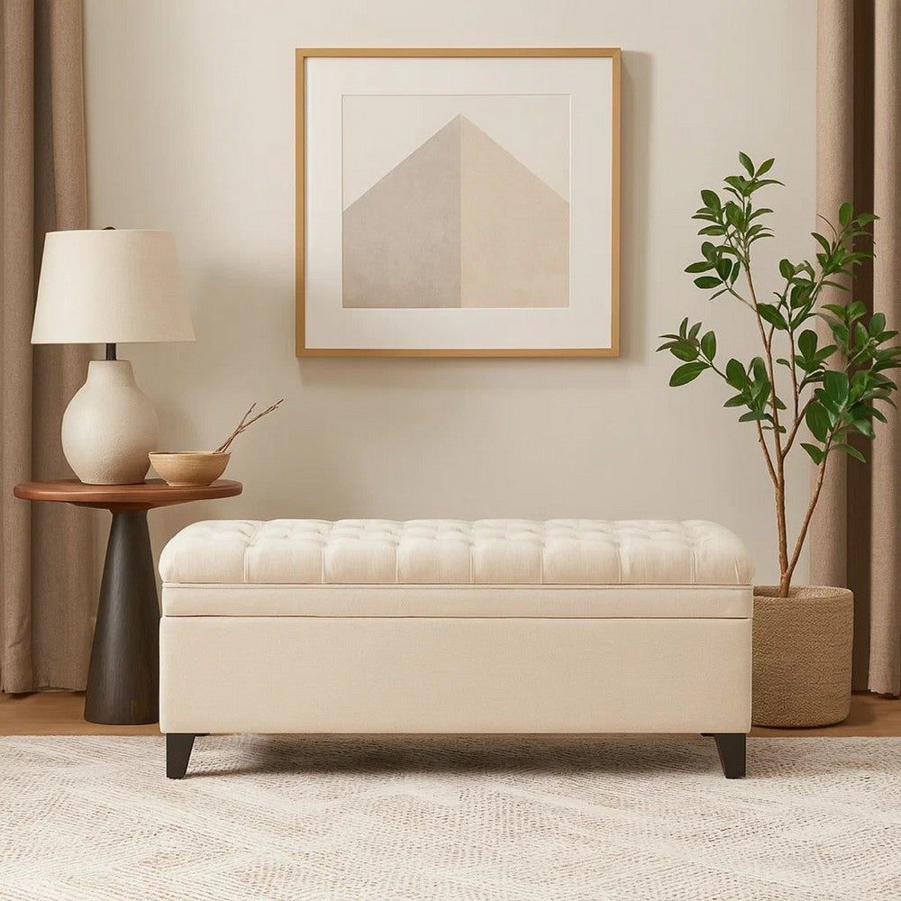 Rhya Storage Bench, 50 Inch Button Tufted Plush Seat, Soft Beige