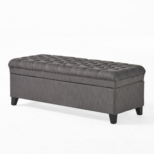 Rhya Storage Bench, 50 Inch Button Tufted Plush Seat, Soft Gray Fabric